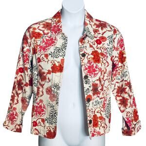 Appleseed's Floral Twill Jacket Red Fuchsia Long Sleeve Cotton Cottage Size M